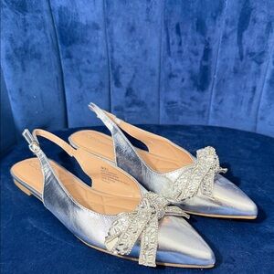 BCBGENERATION Katly Silver Slingback Flats with Jeweled Bow Size 8